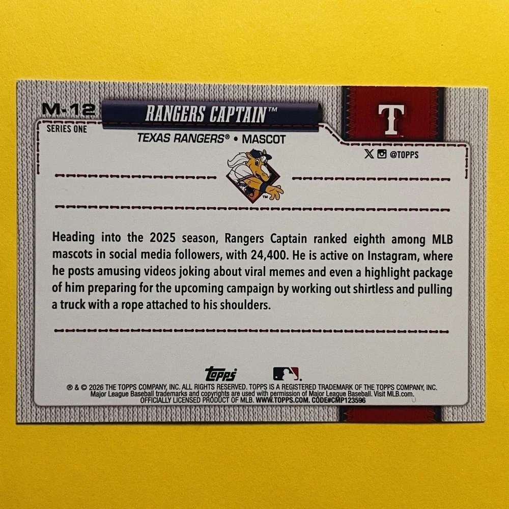 2026 Topps Series 1 Celebration Rangers Captain Mascot M-12 Texas‎ Rangers